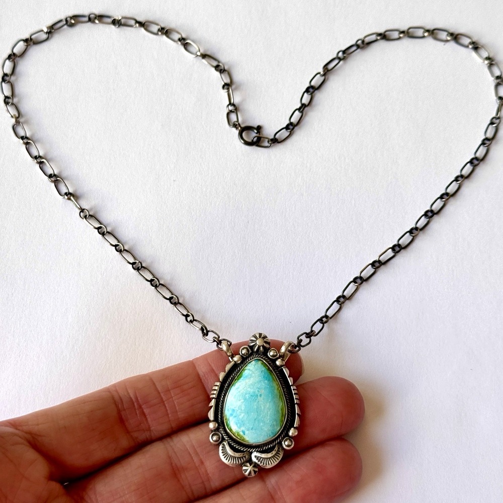 Navajo Turquoise Bar Necklace Sonoran Gold 18" Sterling Benally Native Am Stars - Picture 2 of 7